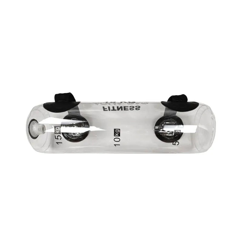 Transparent PVC water dumbbell training bag showing adjustable weight water injection system