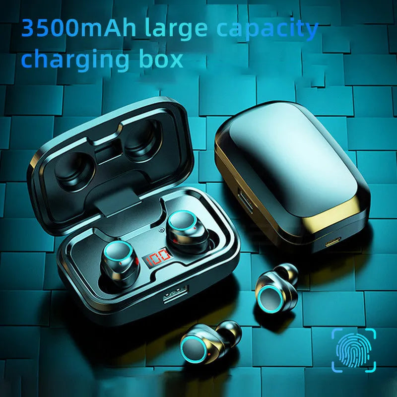 Black Bluetooth wireless gaming headset with charging case and USB cable