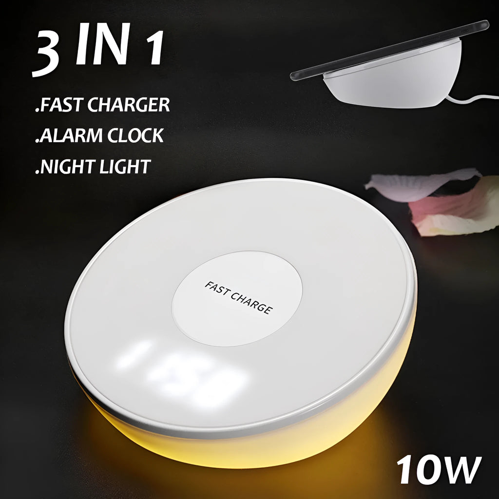 White 10W wireless charging pad with digital clock display and three control buttons