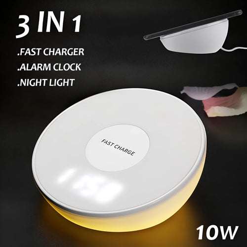 White 10W wireless charging pad with digital clock display and three control buttons