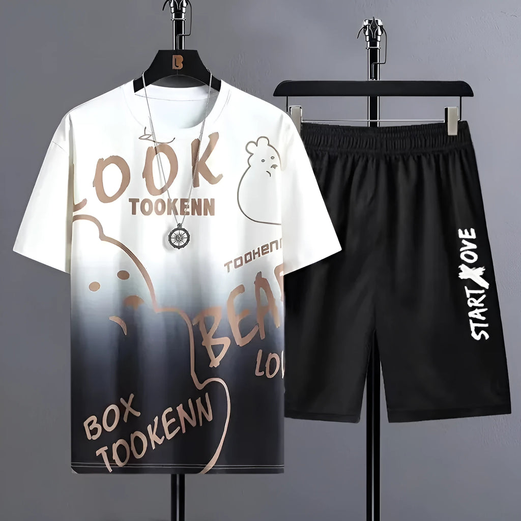 Men's light grey summer suit consisting of a short sleeve T-shirt and matching shorts on a hanger