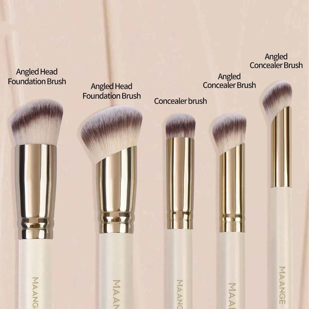 Five angled apricot-coloured makeup brushes for powder blush and foundation application