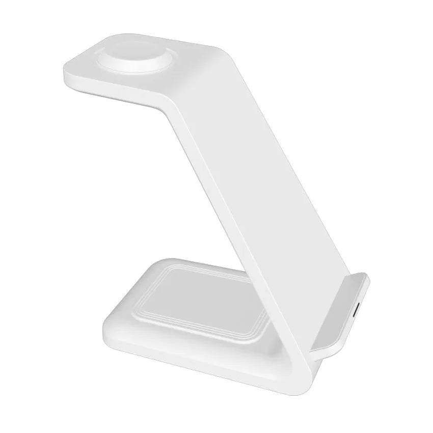 White 3-in-1 upright wireless phone charger with dual coil technology and Type-C cable