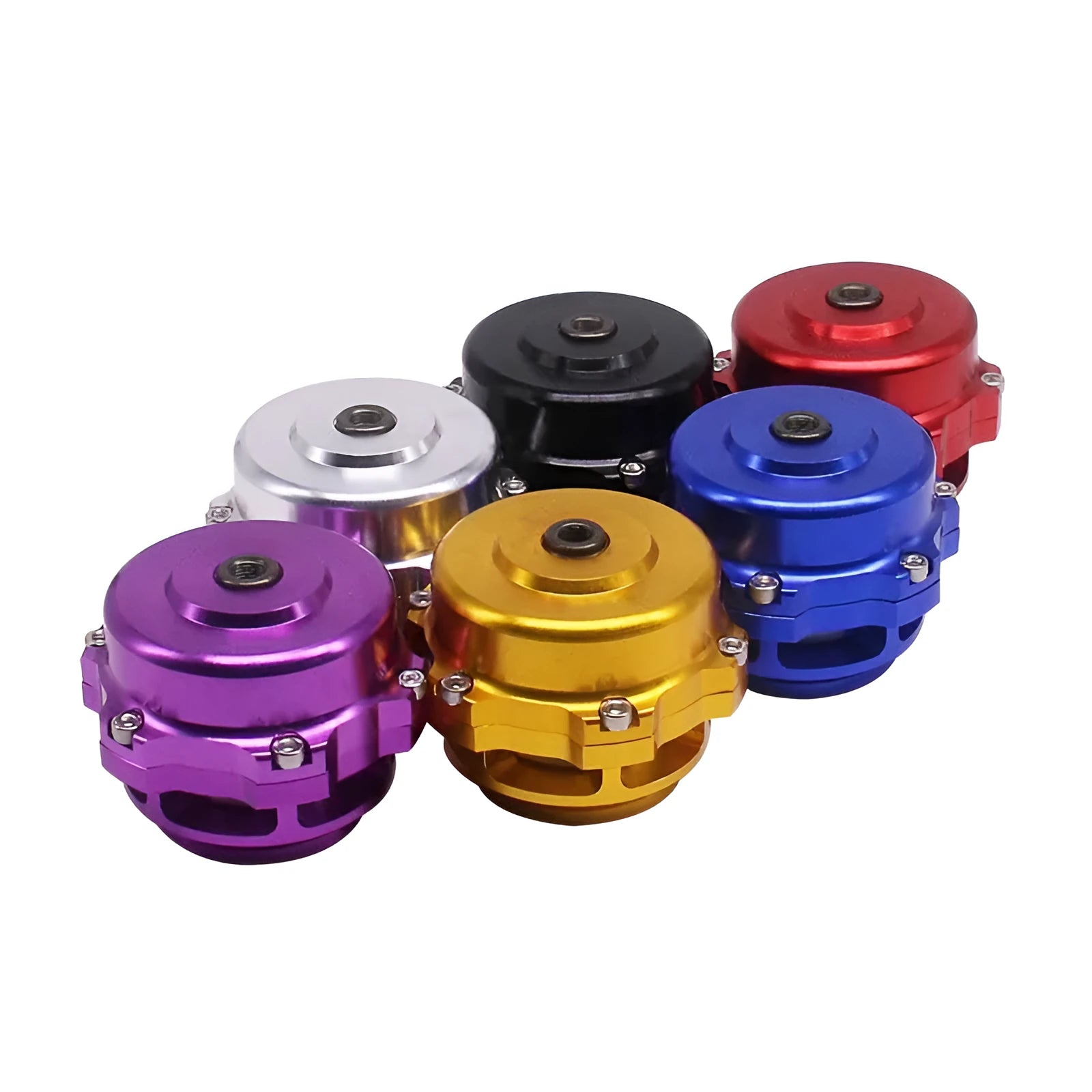 Aluminium alloy pressure relief valve with 50mm diameter showing available colour finishes