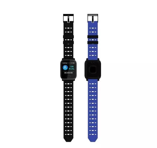 A6 smart bracelet with colour screen and black silicone strap showing fitness data.