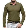 Men's dark grey polo collar cotton t-shirt with long sleeves in American retro style.