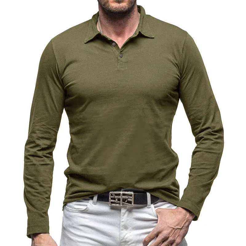 Men's dark grey polo collar cotton t-shirt with long sleeves in American retro style.