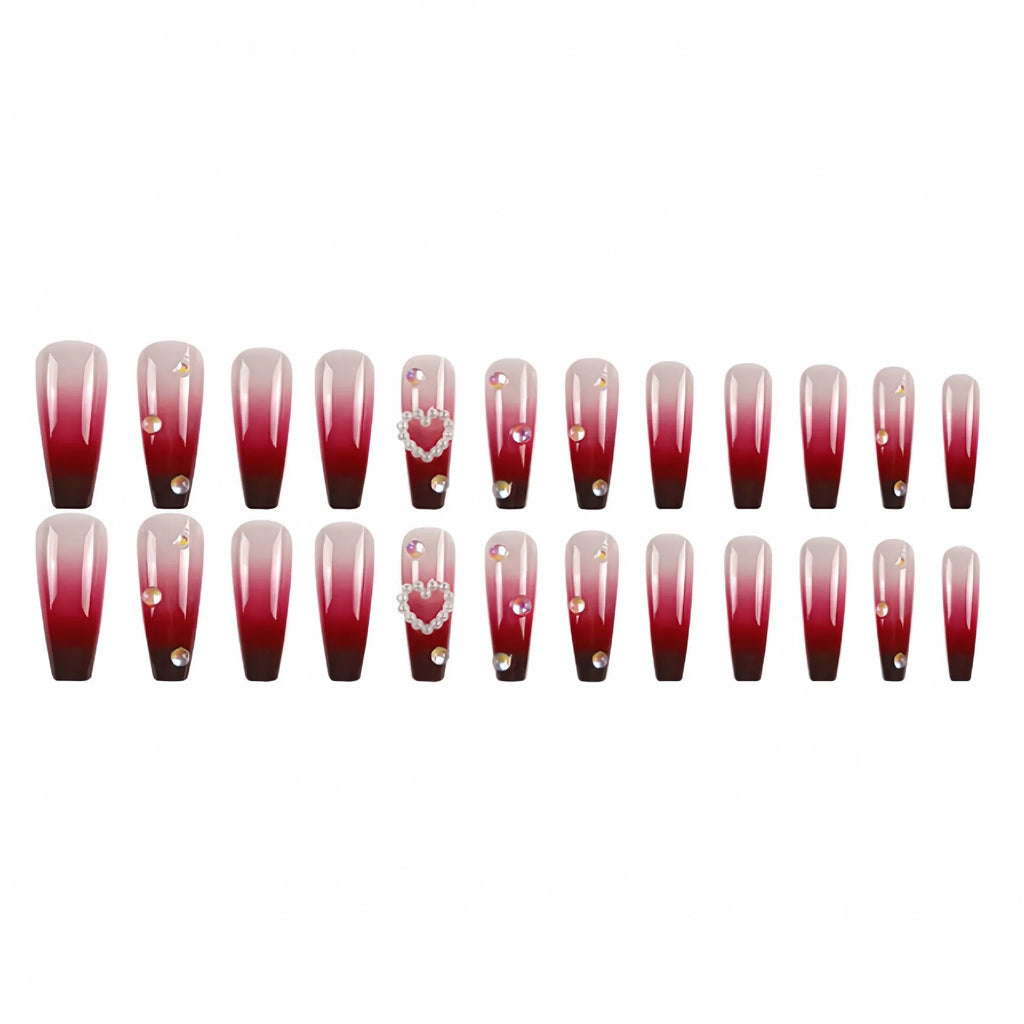Wine red gradient plaid pattern fake nail tips with pearl heart detailing in ballet style