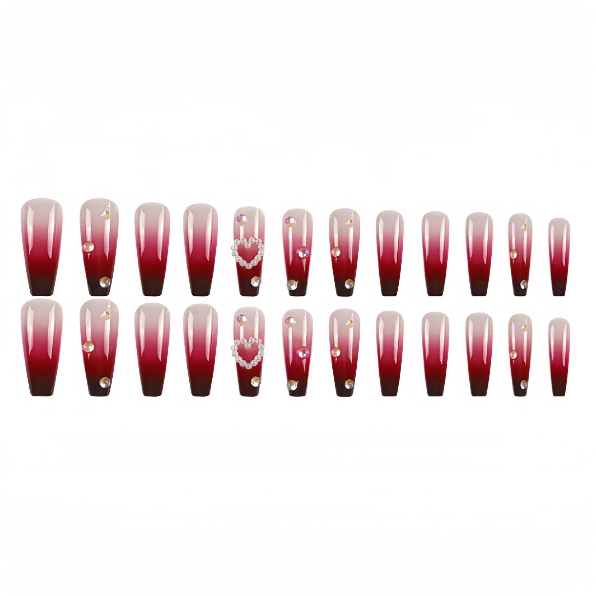 Wine red gradient plaid pattern fake nail tips with pearl heart detailing in ballet style