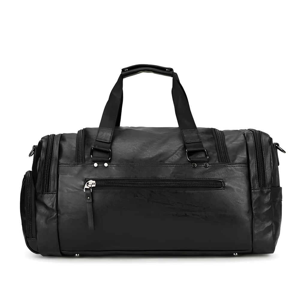 Black PU travel bag for shoes with zippered compartment showing dimensions 52cm long by 19cm wide