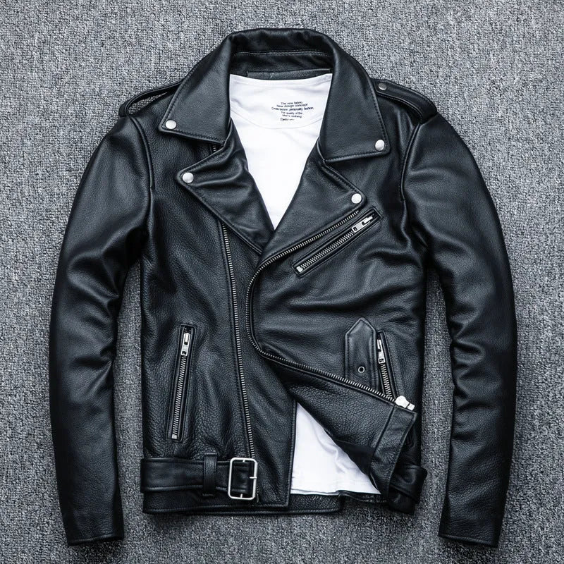 Pure cowhide biker's leather jacket in black with silver zip, front view