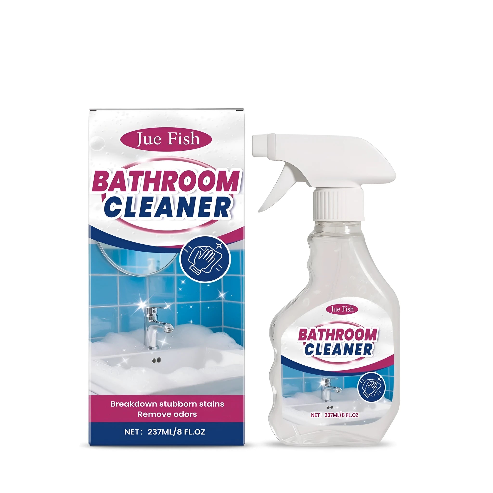 237ml bottle of bathroom cleaner liquid with a label listing ingredients sodium hypochlorite and sodium hydroxide.
