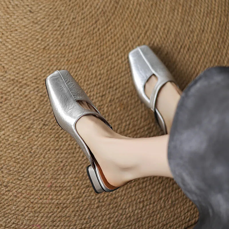 Square toe outdoor slippers in artificial PU with rubber sole available in black, beige, or silver colours
