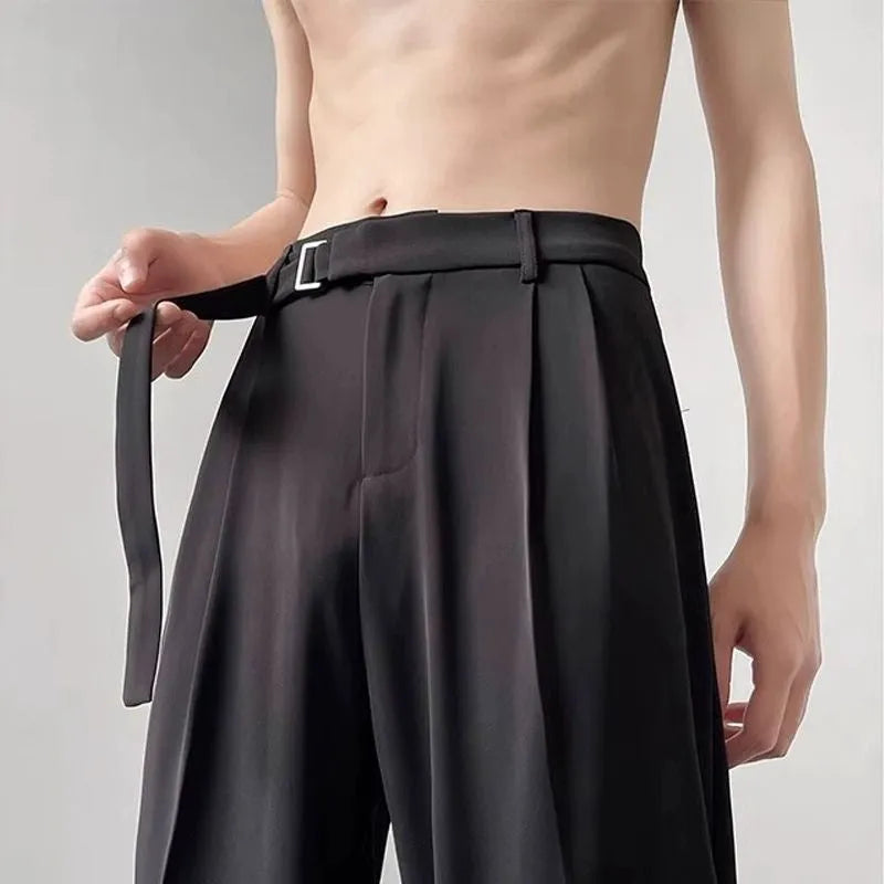 Thin straight black wide leg casual pants with loose fit and straight leg opening