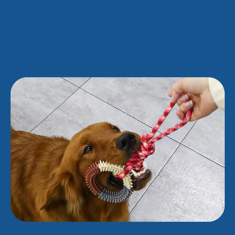 Blue braided rope dog toy with puppy knot design measuring 43 cm long
