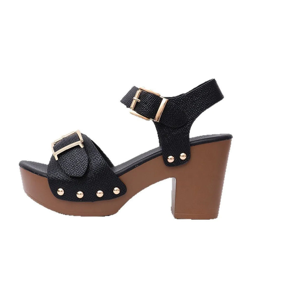 Plus size high heel sandals with a buckle strap and rivet detail on a rubber sole, shown in beige colour.
