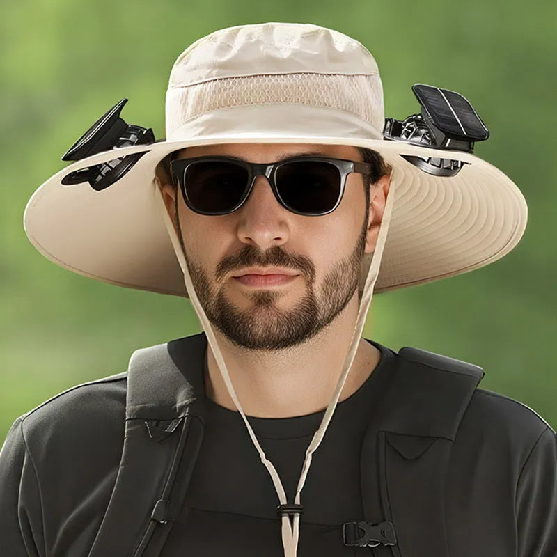 Men's beige solar-powered fan hat with cooling fan visible on the brim, for outdoor use.