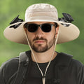 Men's beige solar-powered fan hat with cooling fan visible on the brim, for outdoor use.