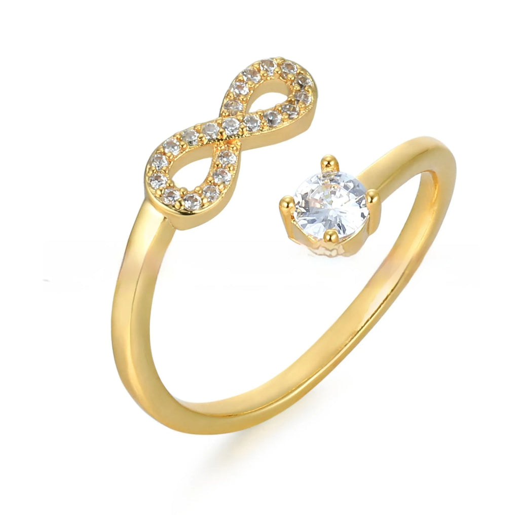 Geometric open ring with engraved letter and zircon inlay in gold, rose gold, or silver finish