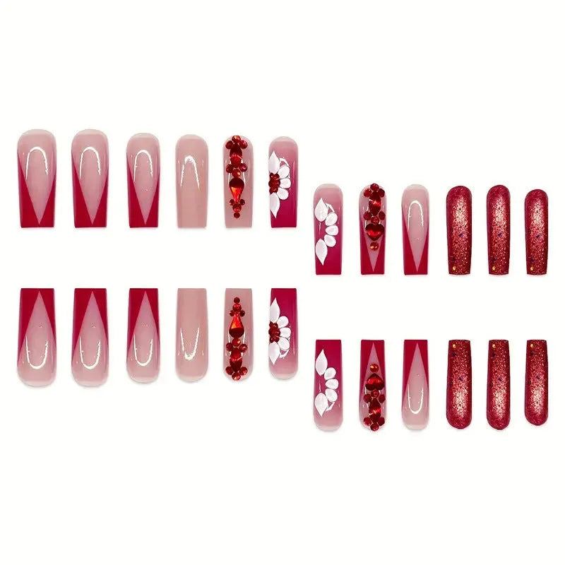 Sweet floral pattern artificial nails with red diamond decoration in European square long shape