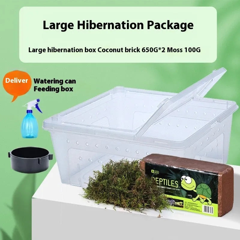 Climbing pet hibernation box set with coconut soil block, moss, and spray bottle
