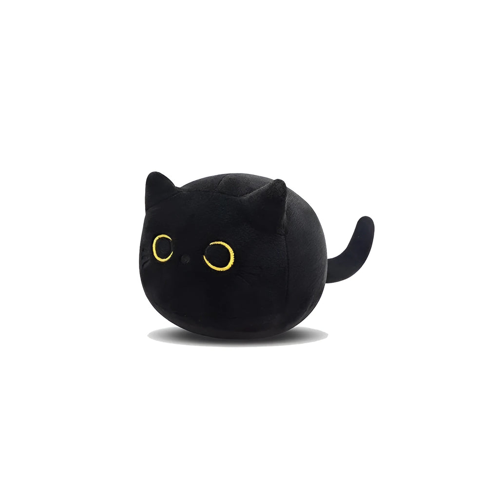 Fluffy black cat plush toy with embroidered face on a soft cushion