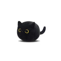 Fluffy black cat plush toy with embroidered face on a soft cushion