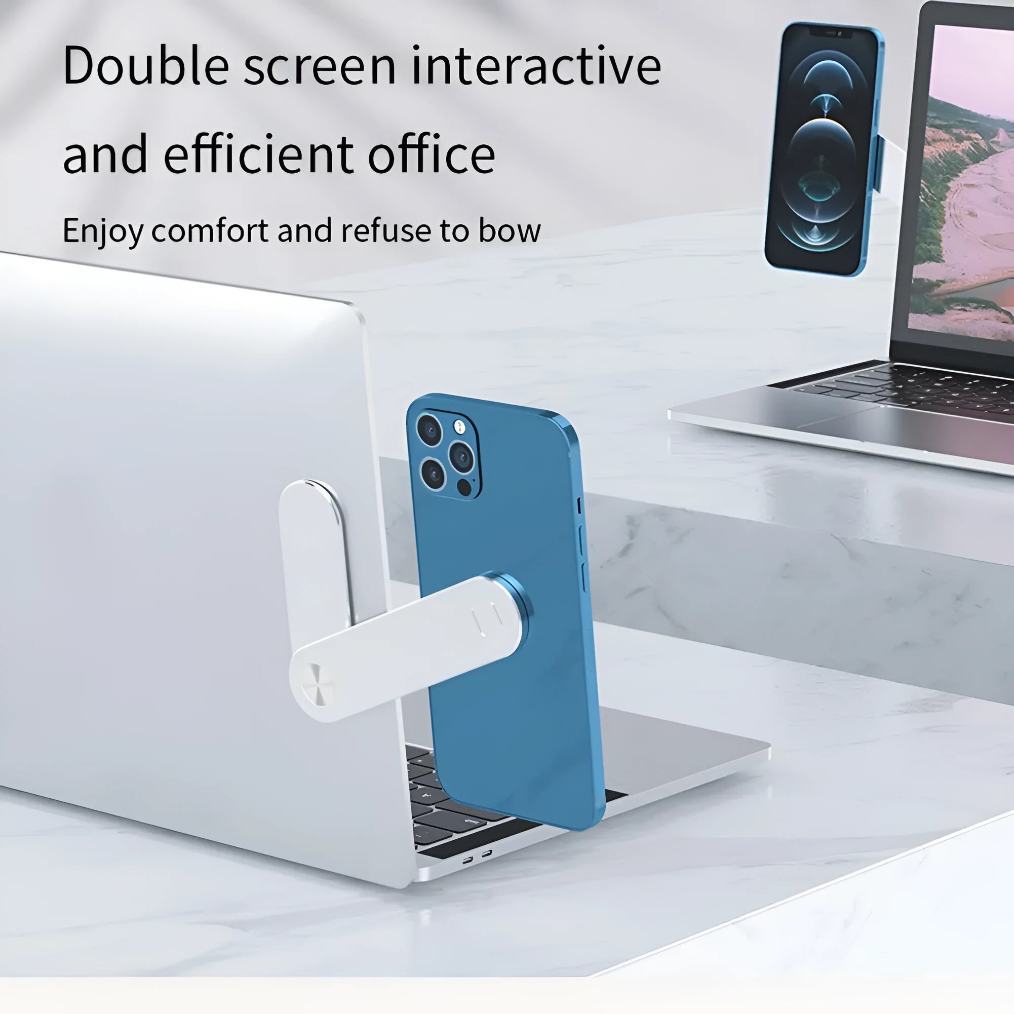 Black magnetic phone holder clipped to the side of a silver laptop, showing a smartphone attached.
