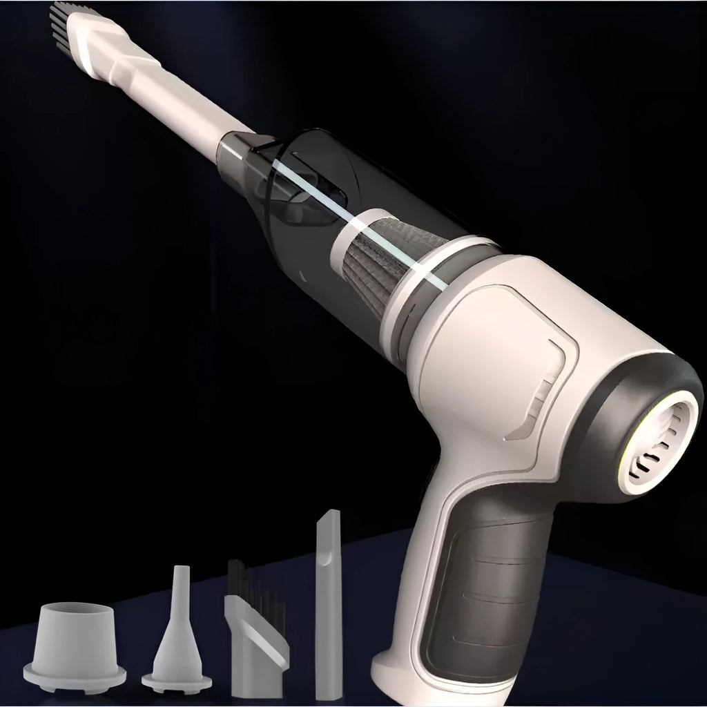 Handheld cordless vacuum cleaner in silver for car interiors and pet hair removal.