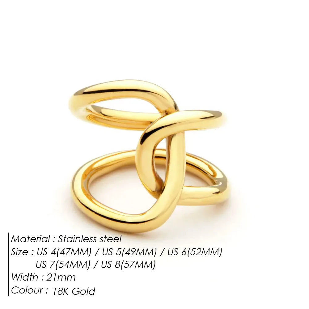Women's stainless steel geometric ring with a knotted detail and adjustable opening in gold or steel colour.
