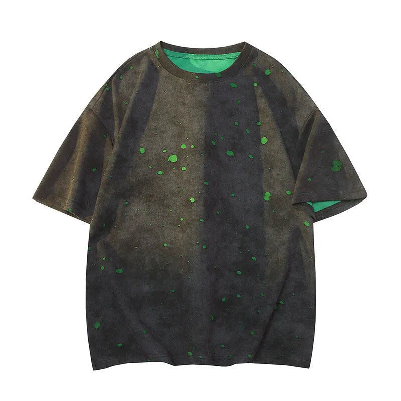 Men's loose-fit ripped short sleeve T-shirt in khaki, dark green, black or grey with round neck