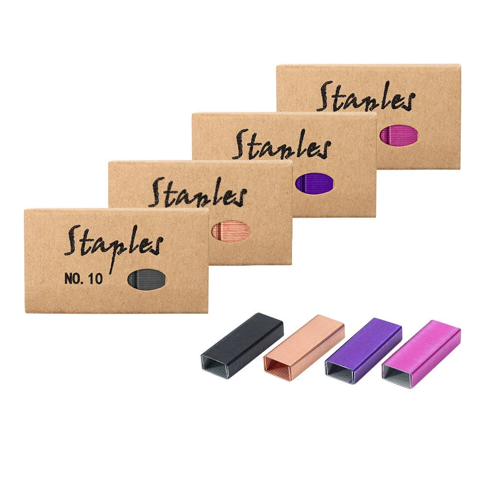 A box of 1000 metal office staples in colours black, purple, rose gold, and rose red.
