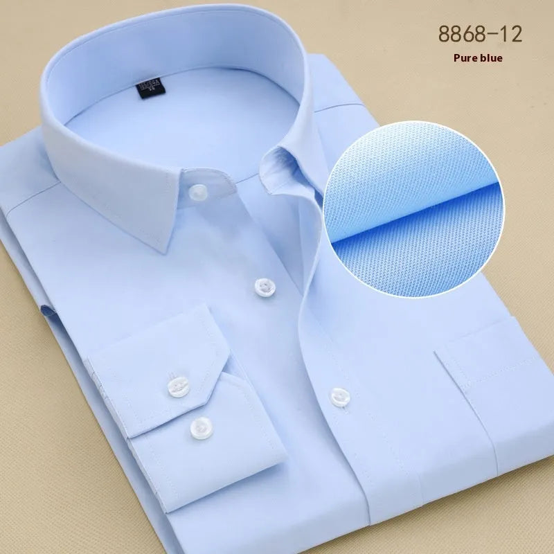 Men's black long sleeve business slim fit shirt on a hanger