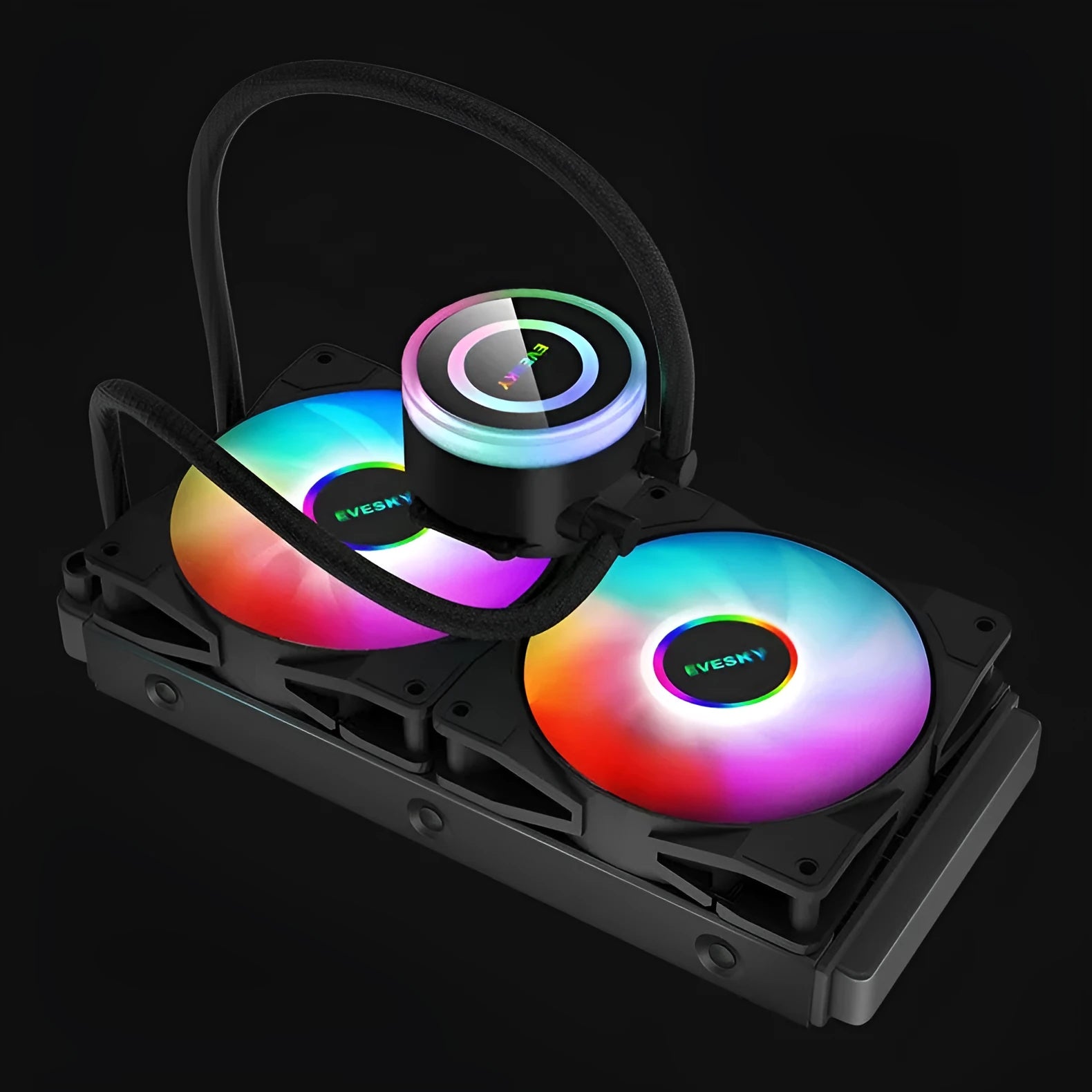 Aluminium CPU liquid cooling radiator with fan, shown in 120mm, 240mm, and 360mm size options.