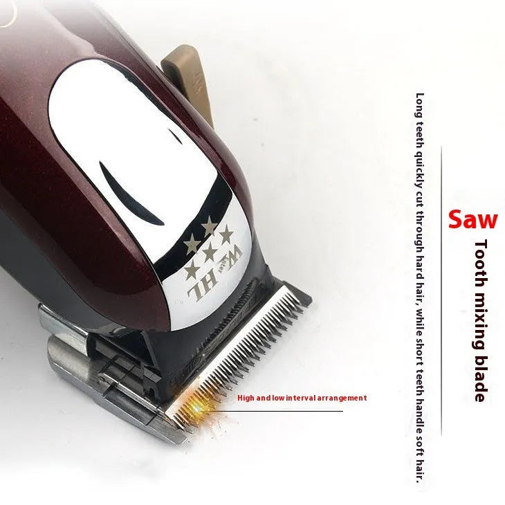 Cordless charging hair clippers set with stainless steel cutter head and EU UK US plug adapters.