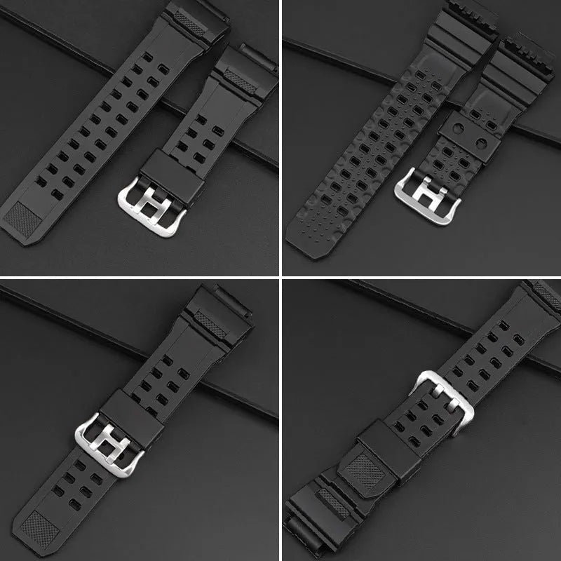 Camouflage patterned TPU watch strap with silver buckle, shown alongside other colour variants including frosted and matte finishes.
