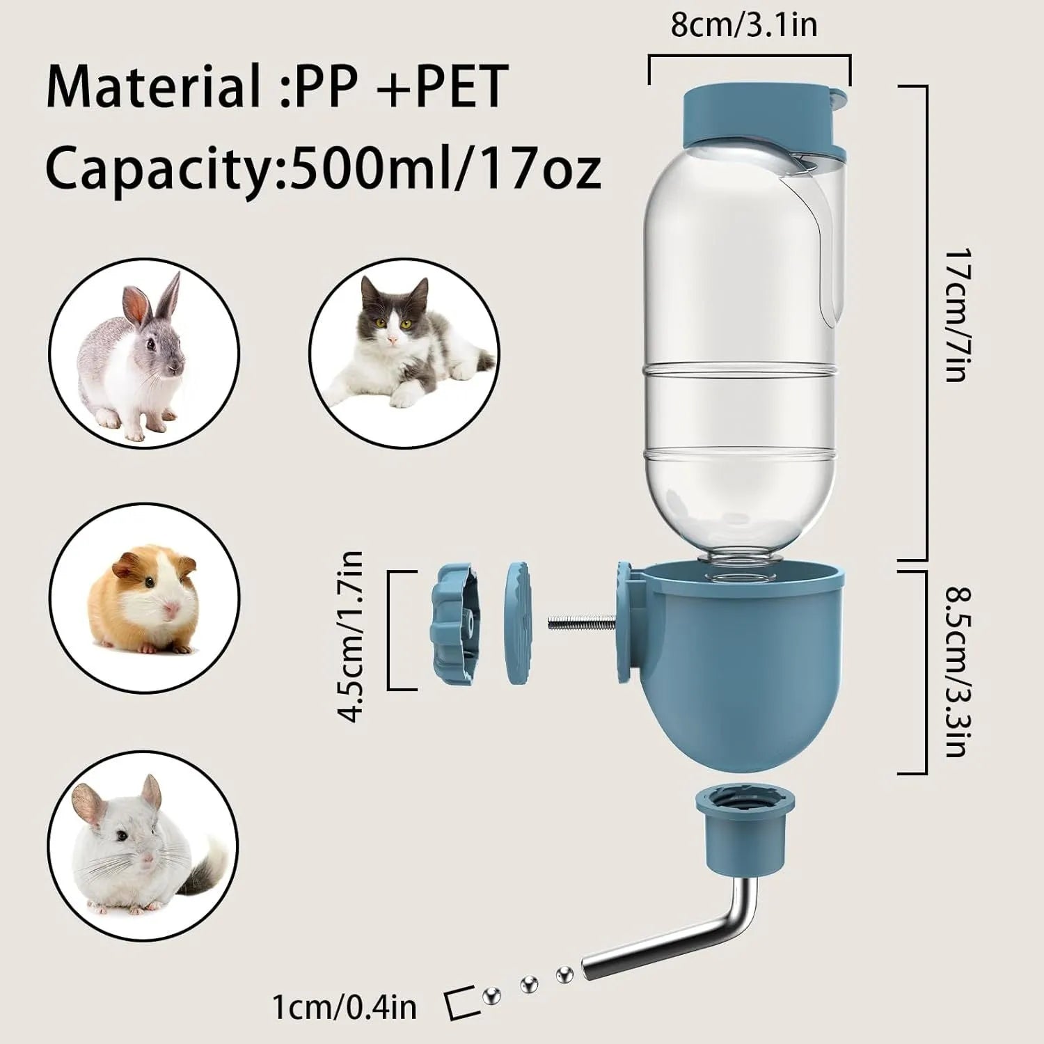 Small animal water bottle with rotatable nozzle mounted on cage bars, showing blue colour option