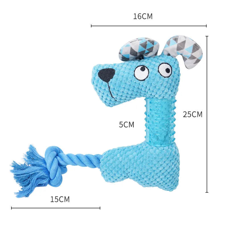 Blue TPR corn kernel dog toy in Fox shape with attached cotton rope tail