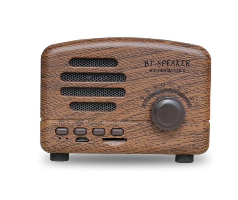 Compact vintage wood finish Bluetooth speaker in black, pink, or wood grain colour