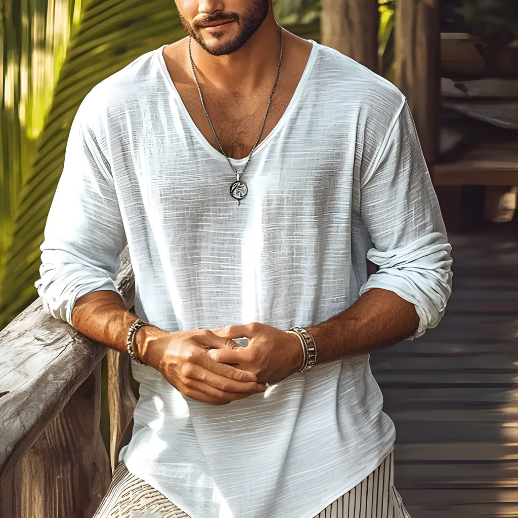 Beige V-neck long-sleeved slim fit T-shirt made from a hemp blend fabric.