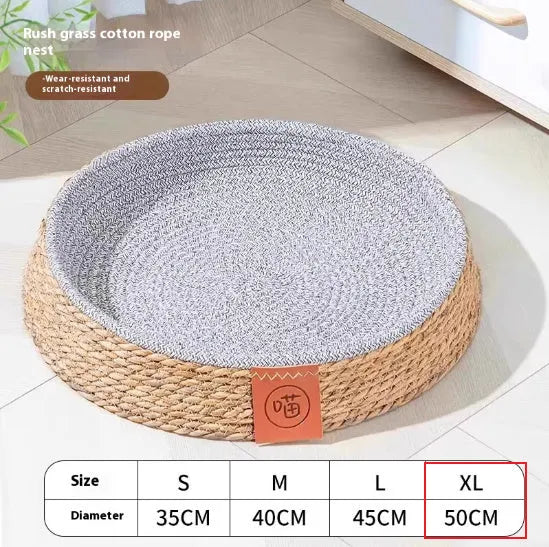 A natural woven rattan cat bed basket, shown in a single size, suitable for indoor use as a pet nest.