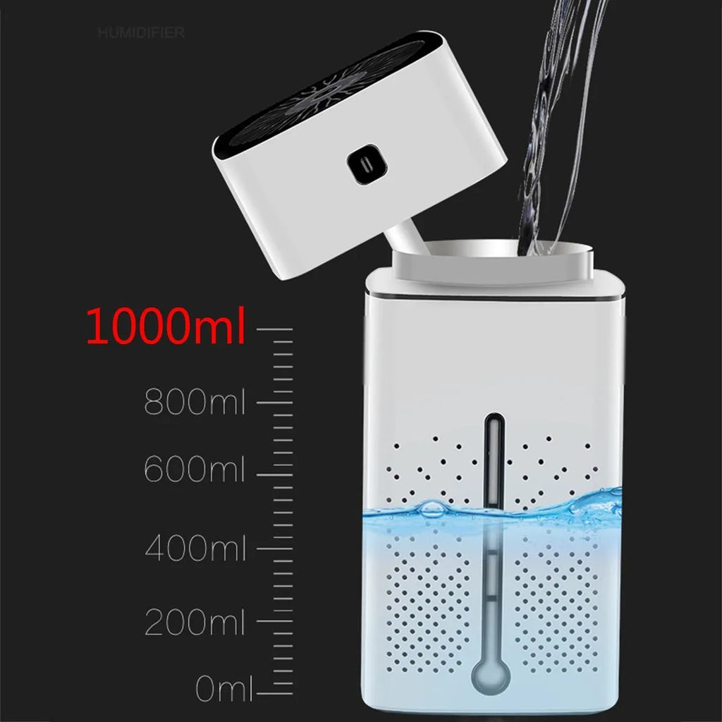 Black or white desktop USB humidifier with 1000ml water tank dimensions 103x103x218mm