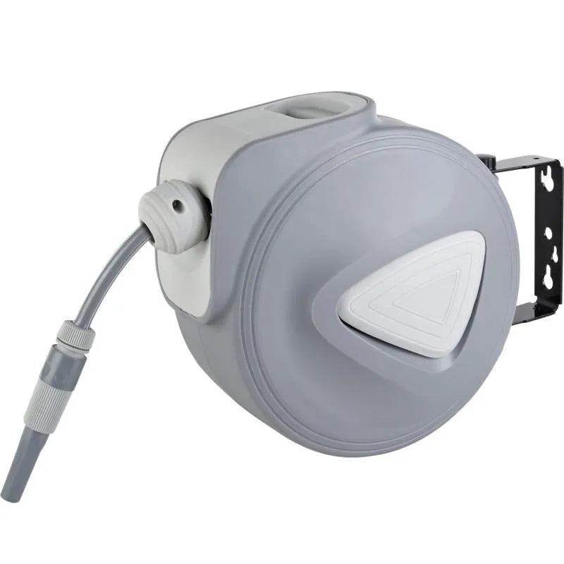 Automatic retractable hose reel with 10 metre PVC water pipe on a compact drum unit.