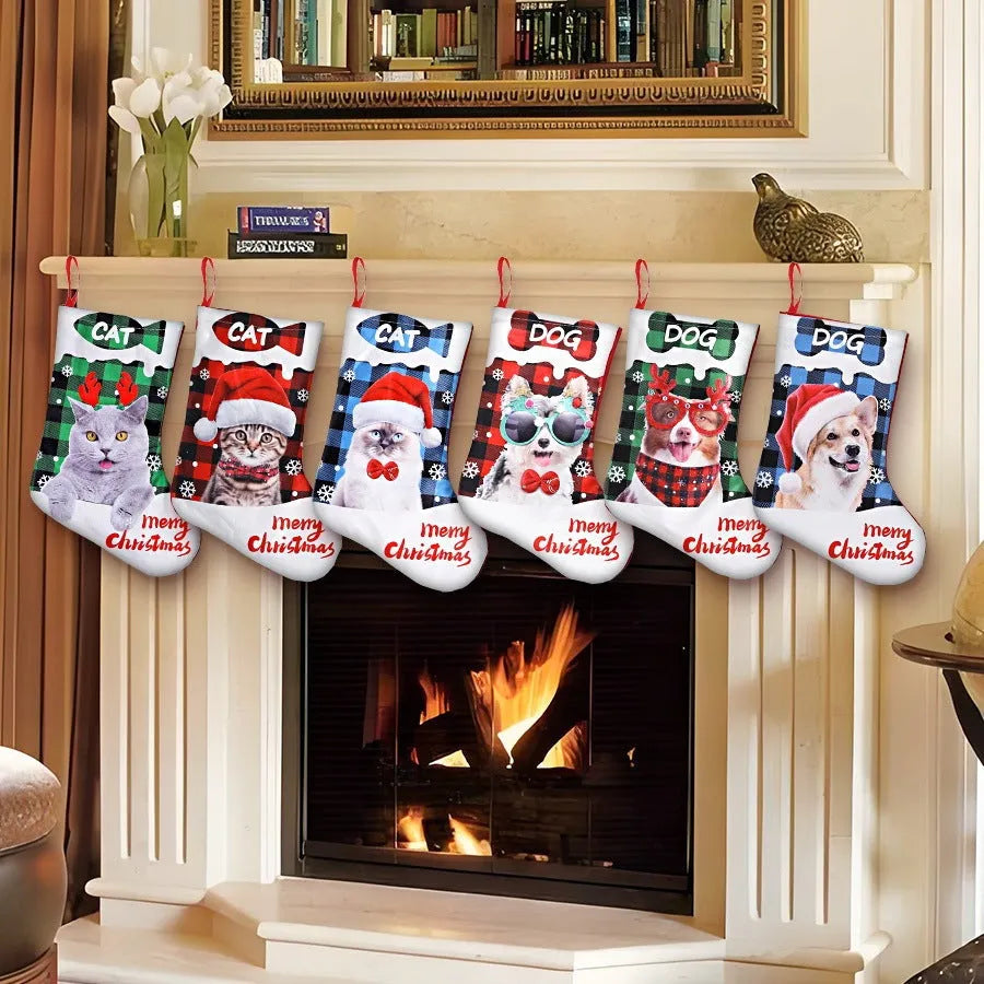 American style cloth Christmas decoration with plaid printed puppy and cat designs, size 26x36cm.