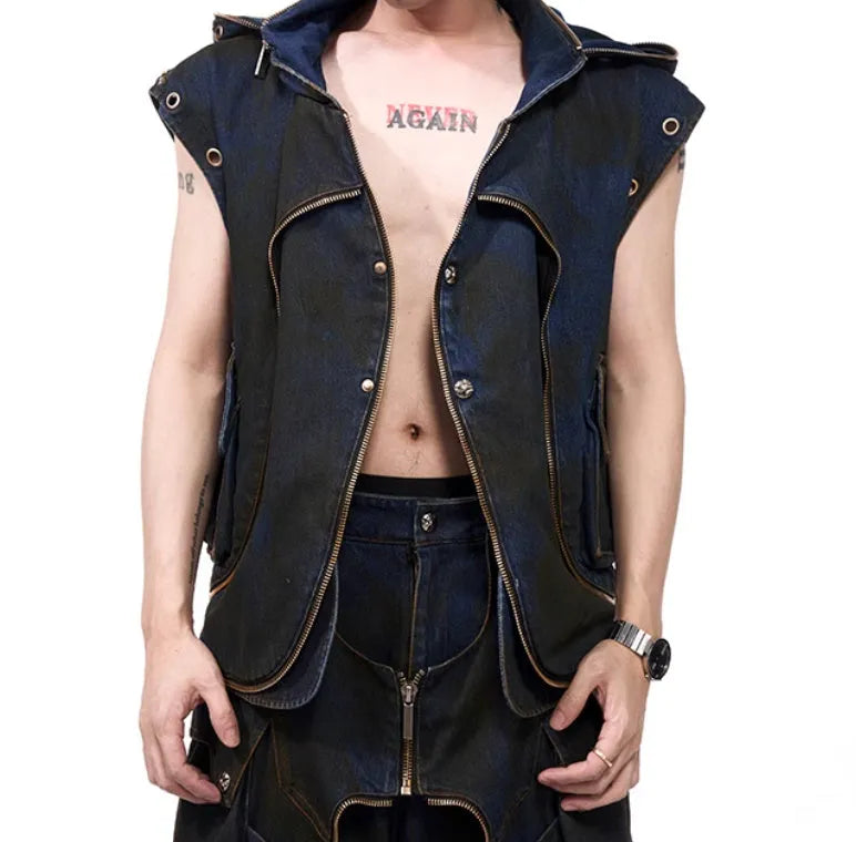 Blue hooded denim vest coat with matching trousers set in Korean style