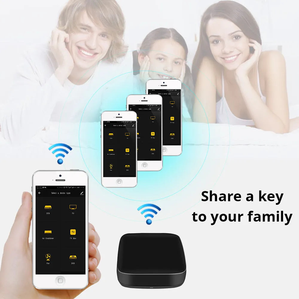 Black voice control universal infrared remote control with WiFi connectivity and environmental sensors