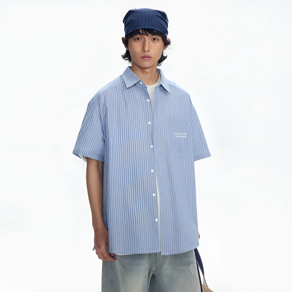 Blue striped loose-fit short-sleeved shirt in cardigan style for men and women