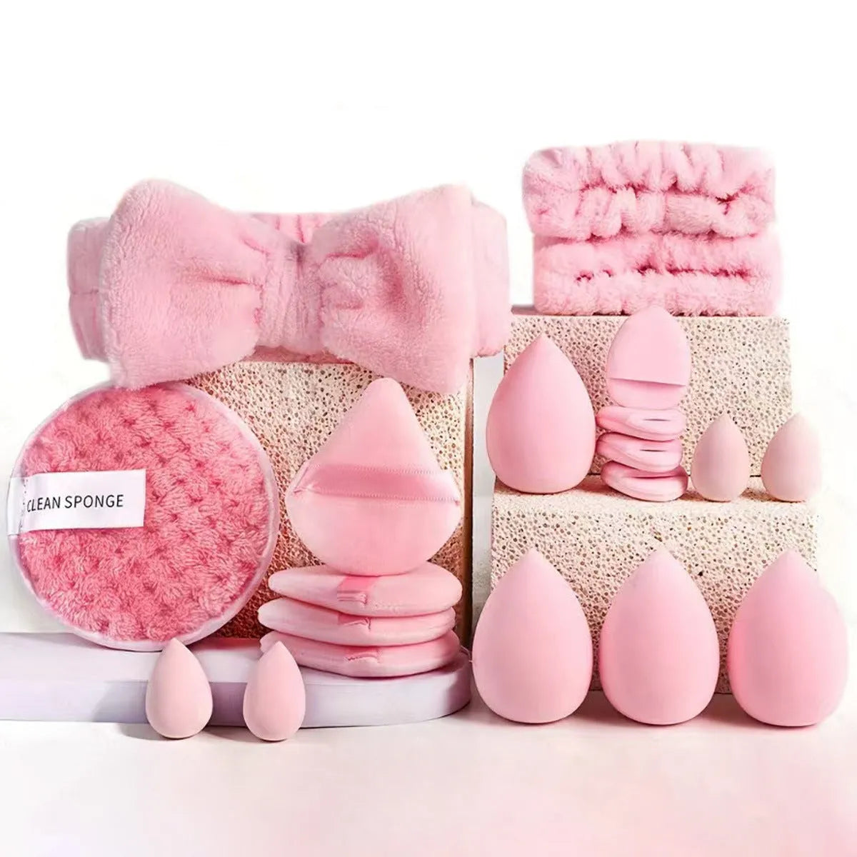 Beauty tools combination set with hydrophilic non-latex sponges in brown, pink and purple colour options