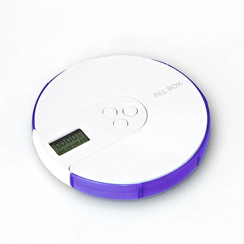 Seven-compartment alarm clock pill dispenser with display, slim 2 cm profile, shown in blue colour option