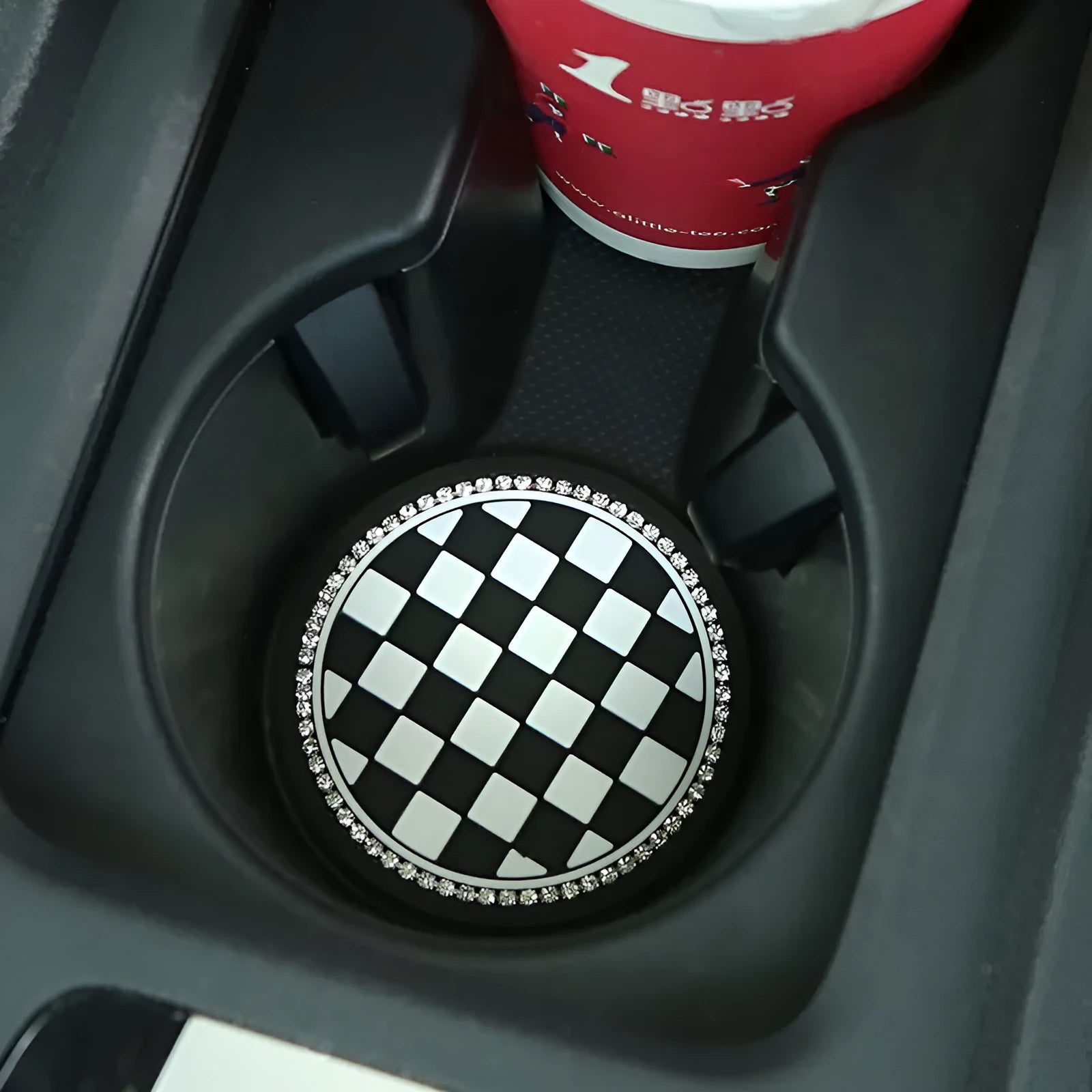 PVC plastic car water cup mat coaster in black and white checkerboard pattern for dashboard cup holder